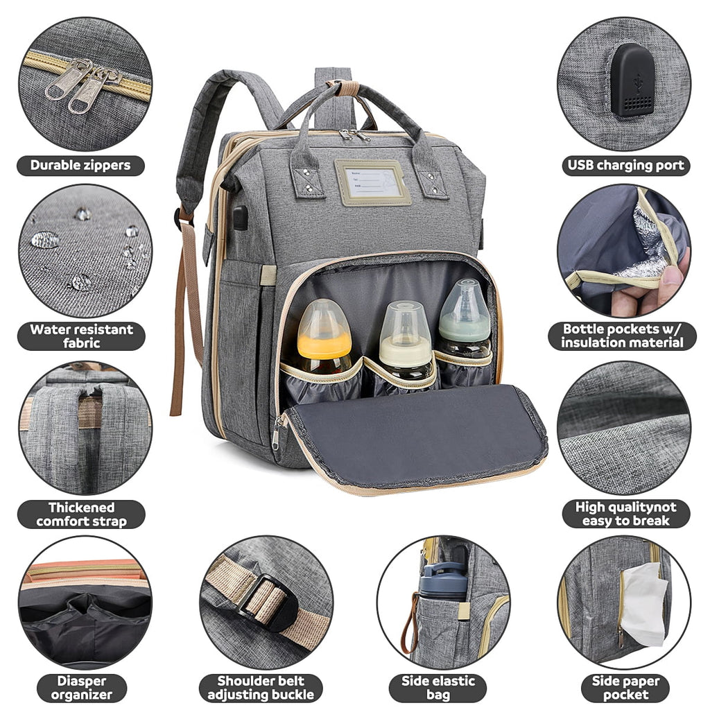 Diaper Bag Backpack & Insulated Milk Bottle Pocket with USB Charging Port & Stroller Strap (Grey)