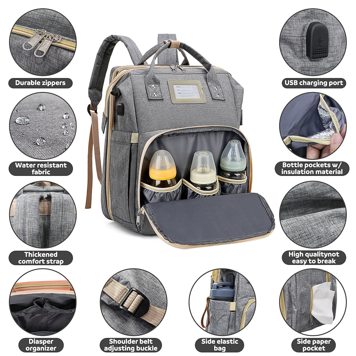 Diaper Bag Backpack & Insulated Milk Bottle Pocket with USB Charging Port & Stroller Strap (Grey)