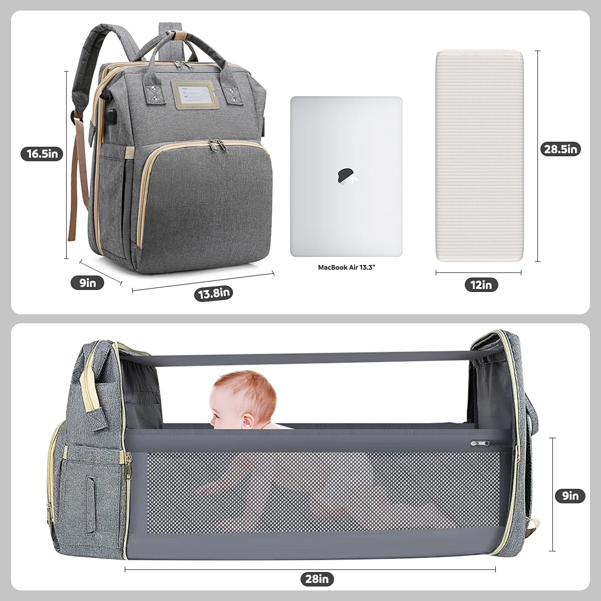 Diaper Bag Backpack & Insulated Milk Bottle Pocket with USB Charging Port & Stroller Strap (Grey)
