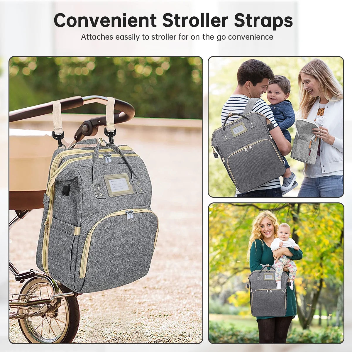 Diaper Bag Backpack & Insulated Milk Bottle Pocket with USB Charging Port & Stroller Strap (Grey)