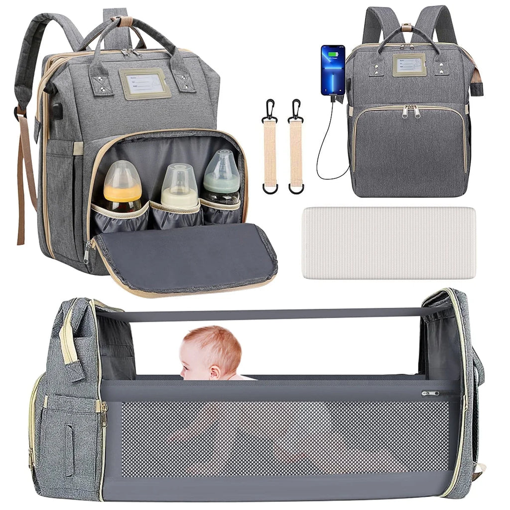 Diaper Bag Backpack & Insulated Milk Bottle Pocket with USB Charging Port & Stroller Strap (Grey)
