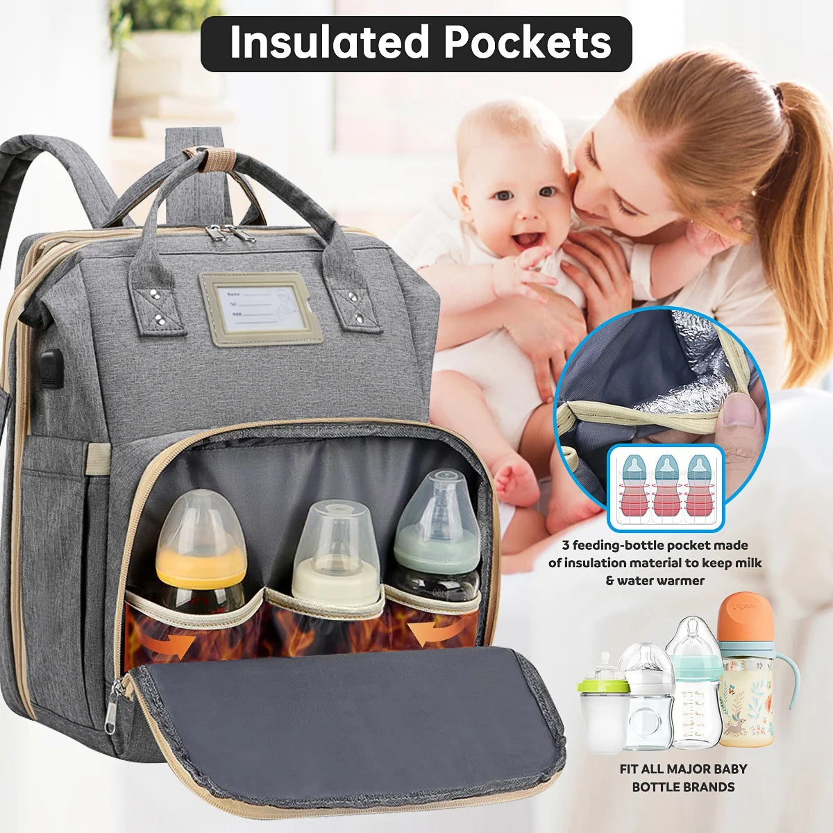 Diaper Bag Backpack & Insulated Milk Bottle Pocket with USB Charging Port & Stroller Strap (Grey)